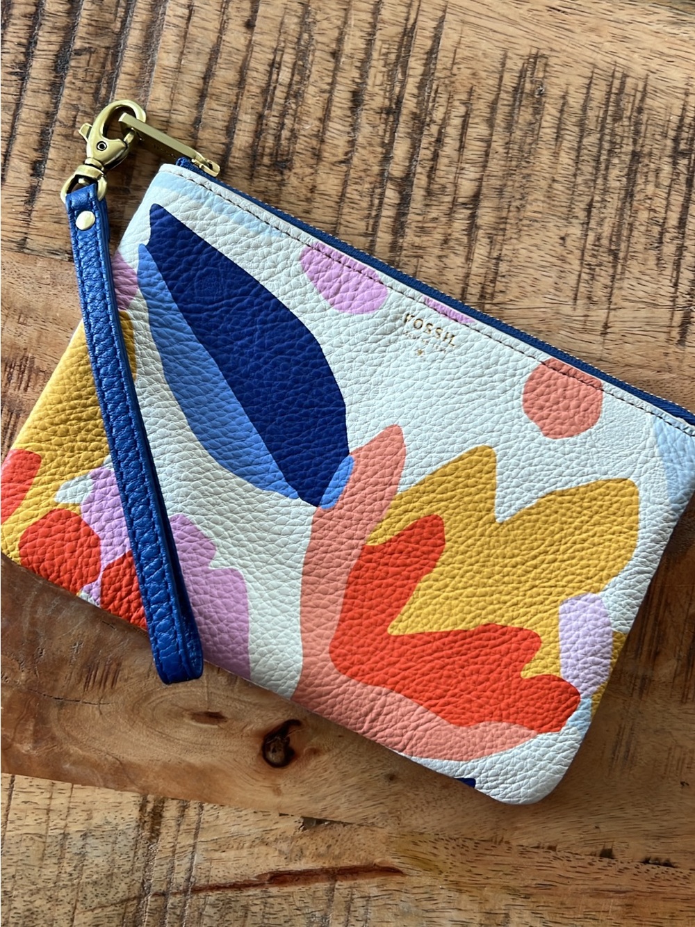 Fossil Multicolor Floral Leather Wristlet in Blue, Yellow & Coral